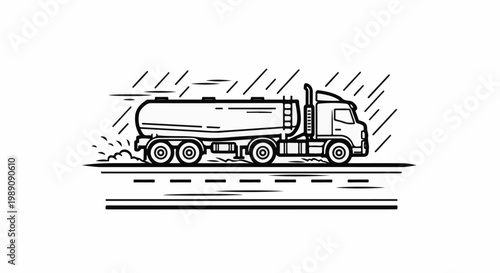 A tanker truck drives down a wet road in a stylized line drawing
