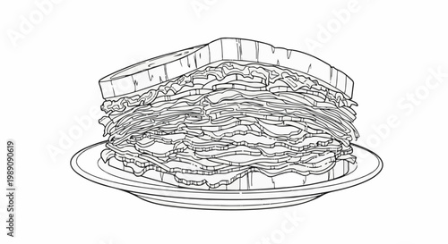 A tall, messy, multi-layered sandwich piled high with fillings on a plate