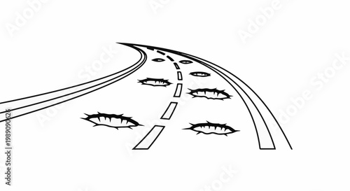 A winding road with thorns and sharp cracks in the surface