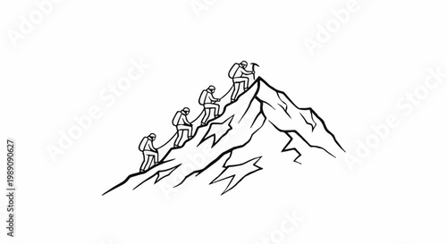 A team of climbers ascends a jagged mountain peak, roped together for safety and support