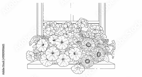 A window box overflowing with various blooming flowers and greenery