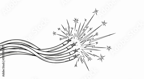 A wire bundle splits into sparking electrical bursts with stellar flashes