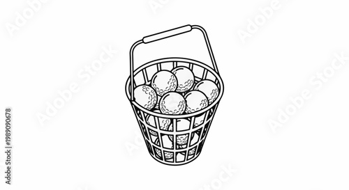 A wire basket holds a collection of dimpled golf balls, ready for play