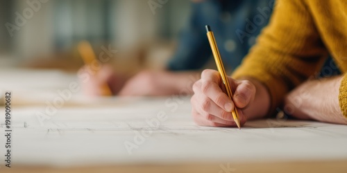 Pen Handwriting Branding concept. Person writing on paper with a pencil during a meeting or study session