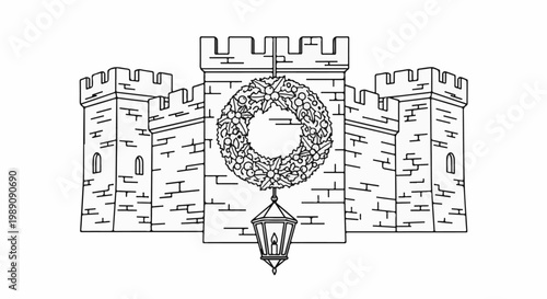 A three-towered castle with crenellations, adorned with a festive wreath and lantern