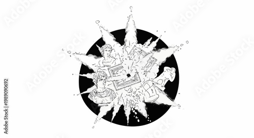 Abstract circular explosion with ancient sculptures and frames