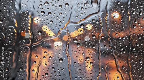 Raindrops on a windowpane reflect city lights at dusk through wet glass.