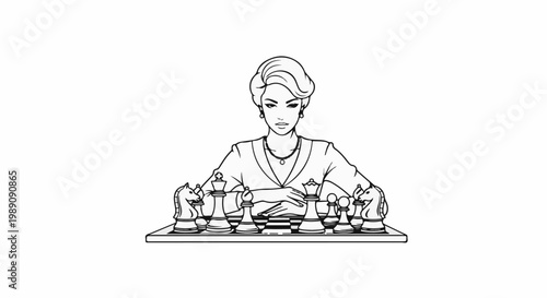 A woman with a sophisticated hairstyle plays chess, her arms crossed