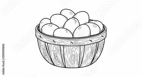 A wooden basket overflowing with white eggs, some cracked
