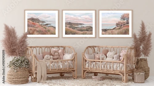 Twin nursery features matching rattan cribs beneath framed coastal landscape artwork