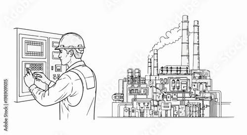 A worker operates a control panel next to a smoking industrial factory with smokestacks