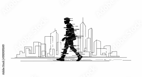 Abstract figure walking through a stylized urban landscape