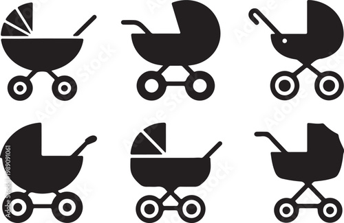 Baby Stroller Icons Silhouette Set – Pram Carriage Black and White Vector Illustration