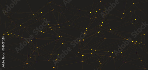 Abstract dark background with glowing particles and light streaks. A dark black background with orange and yellow low-poly dots connected by thin lines in the shape of waves, vector illustration.
