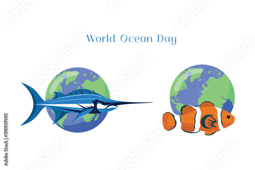 Swordfish And Clownfish World Ocean Day. World Ocean day Concept Icon. Vector Icon graphic illustration
