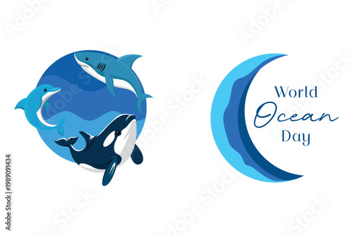 Whale And Marine Animals World Ocean Day. World Ocean day Concept Icon. Vector Icon graphic illustration