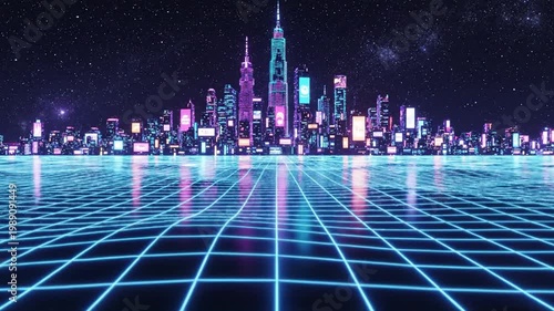 A futuristic cityscape at night showcases a grid-lit floor reflecting skyscrapers and buildings with vibrant neon lights.