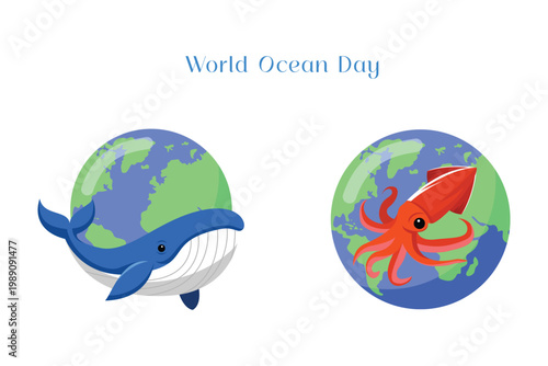 Whale And Octopus World Ocean Day. World Ocean day Concept Icon. Vector Icon graphic illustration
