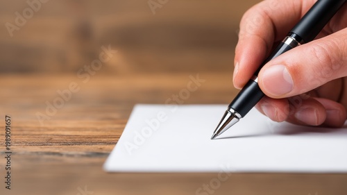 Pen Handwriting Branding concept. Hand holding a pen poised to write on a blank piece of paper.