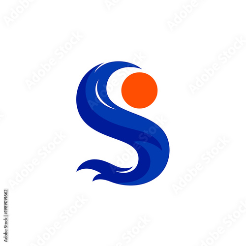 Modern Blue Wave S Logo With Orange Sun, Ocean, Surf and Travel Brand Identity.