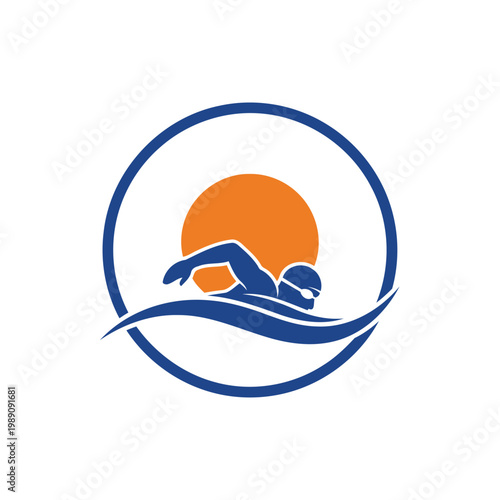Competitive Swimmer Logo With Sun and Wave Emblem Representing Swimming, Fitness, And Outdoor Sport.