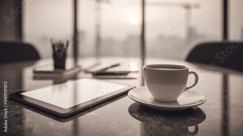 Hot beverage and digital device rest upon a reflective desktop overlooking an urban vista.
