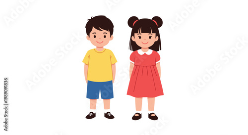 Young boy in yellow t-shirt and blue shorts stands next to a girl in a red dress with black hair in pigtails.