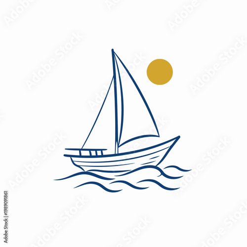 Simple Sailboat dhow boat ship on Sea Ocean Wave for Sailing Travel Transport logo design.