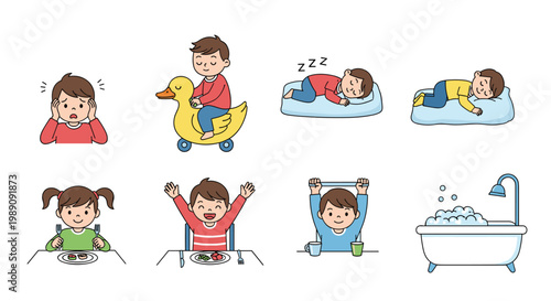Collection of eight cartoon illustrations depicting a young boy daily routine including eating, playing, sleeping, and bathing.