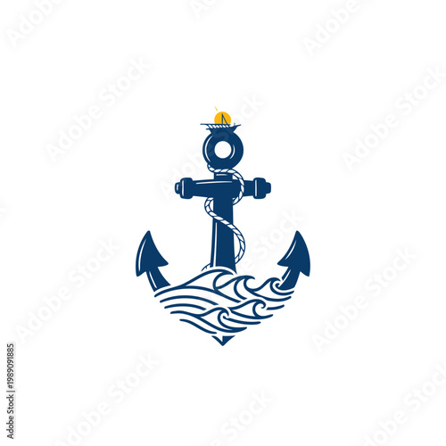 Nautical Anchor Logo With Rope, Ocean Waves And Sun, Marine Symbol Of Stability.