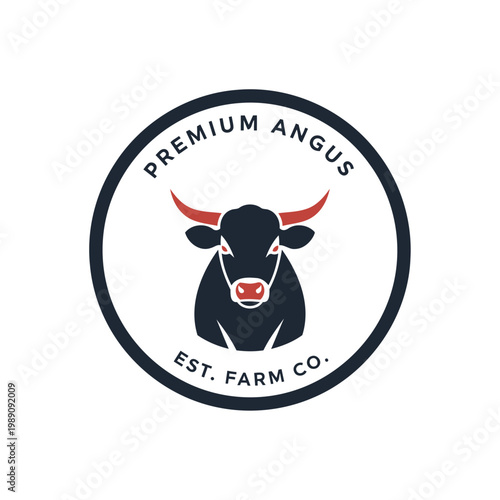 Premium Angus Farm Logo Badge With Stylized Bull Head Emblem And Circular Stamp Design.