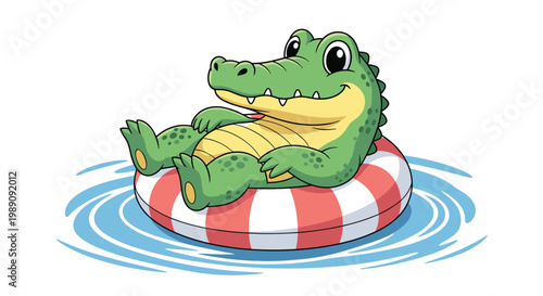 Cute green crocodile character relaxing comfortably on a red and white striped inflatable lifebuoy in blue water ripples.