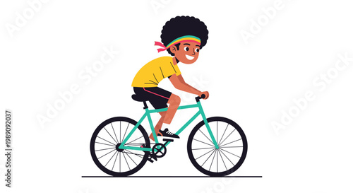 Young boy with an afro hairstyle and a colorful headband riding a green bicycle at high speed with a determined smile.