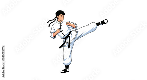 Martial artist dressed in a white uniform and black belt performing a powerful high kick on a white background.