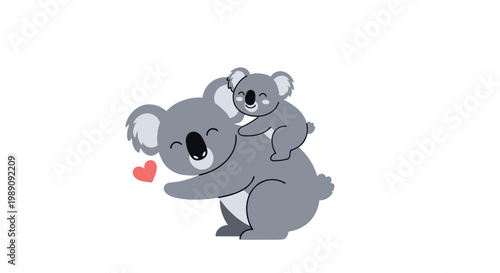 Cute illustration of a mother koala with a small baby koala riding on her back and a pink heart symbol on a white background.