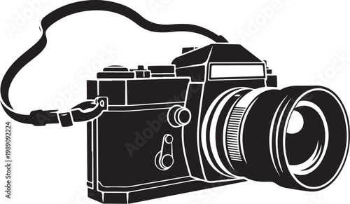 Camera, photography equipment, black and white illustration, vector graphics, single camera icon