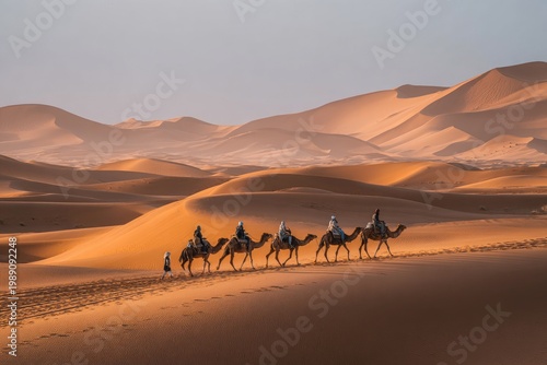 Caravan of camels trekking through vast desert dunes at sunset.