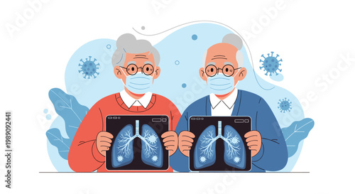 Senior man and woman wearing face masks and holding medical x-ray films showing lung infections during a virus outbreak.