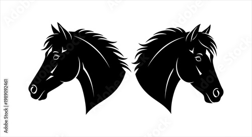 Stylized black horse heads mirrored in a dynamic graphic design representing strength and natural beauty