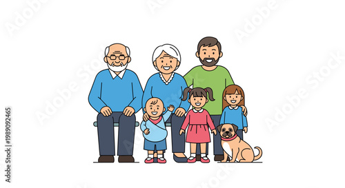Large multi-generational family portrait featuring grandparents, parents, three children, and a pet dog sitting together.