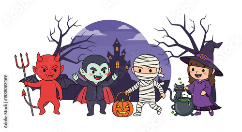 Diverse group of kids in Halloween costumes including a devil, vampire, mummy, and witch standing in front of a haunted house.
