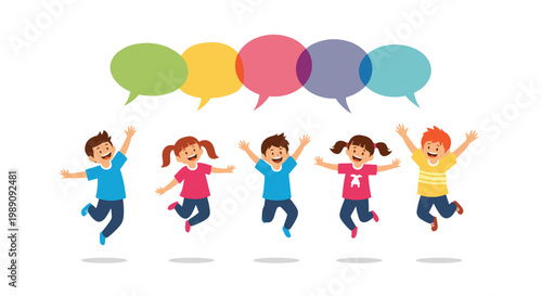 Group of five diverse children jumping for joy beneath a row of colorful overlapping speech bubbles on a white background.