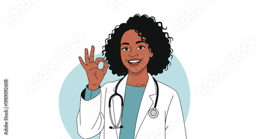 Smiling African American female doctor wearing a white lab coat and stethoscope making an okay hand gesture of approval.