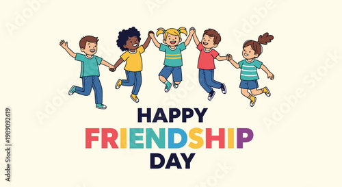 Diverse group of five happy children holding hands and jumping together to celebrate International Friendship Day with text.