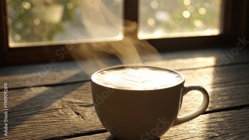 A steaming cup of coffee sits on a rustic wooden table by a sunny window with a beautiful outdoor view.