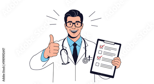 Professional male doctor wearing glasses and a lab coat holding a medical checklist and showing a thumbs up sign of approval.