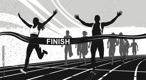 Silhouettes of a male and female runner crossing the finish line together on a stadium track. For marathon event banners, motivational sports posters, or fitness achievement blogs. Transparent SVG.