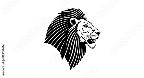 Detailed black and white illustration of a lion's head profile
