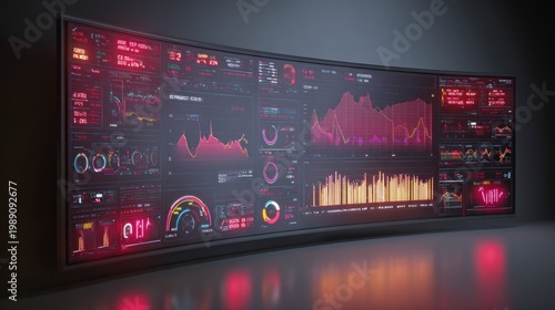 Curved digital display illuminates a dark room with glowing interface panels showing complex data visualizations