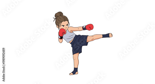 Determined young girl wearing boxing gloves and sports attire performing a high kick during a martial arts or kickboxing training.